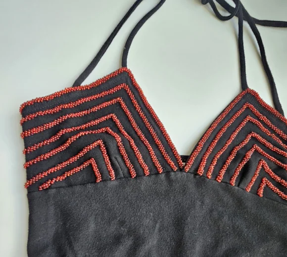 Hunza G Vintage Black With Crimson Beading Double Halter Strap Mini Dress - Picture 4 of 15